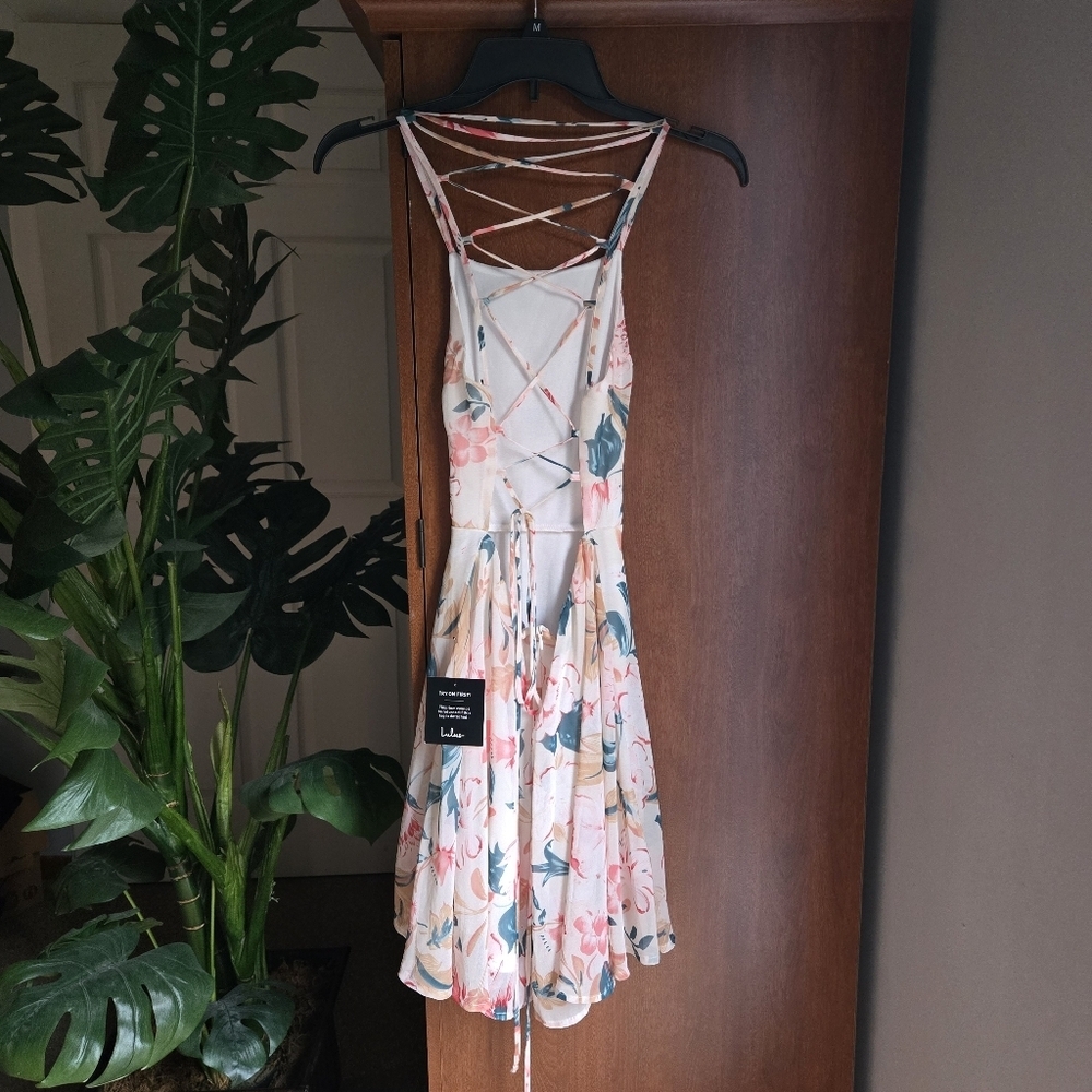 Lulu's Natural World Cream Floral Print Lace-up Skater Dress XS - Picture 3 of 6